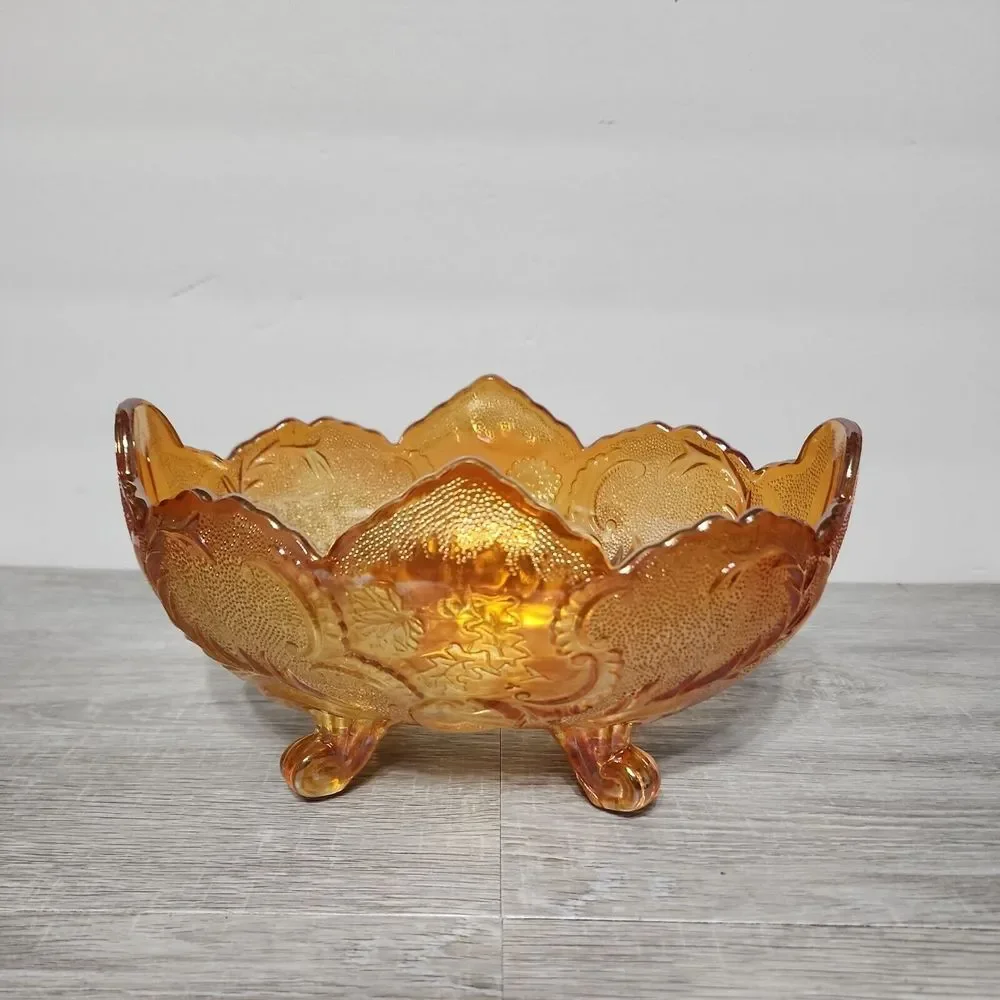 Vintage Indiana Marigold Footed Carnival Glass‎ Oval Bowl Compote Scalloped Edge